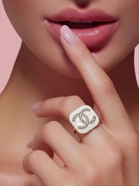 White Enamel CC Logo Crystal Ring